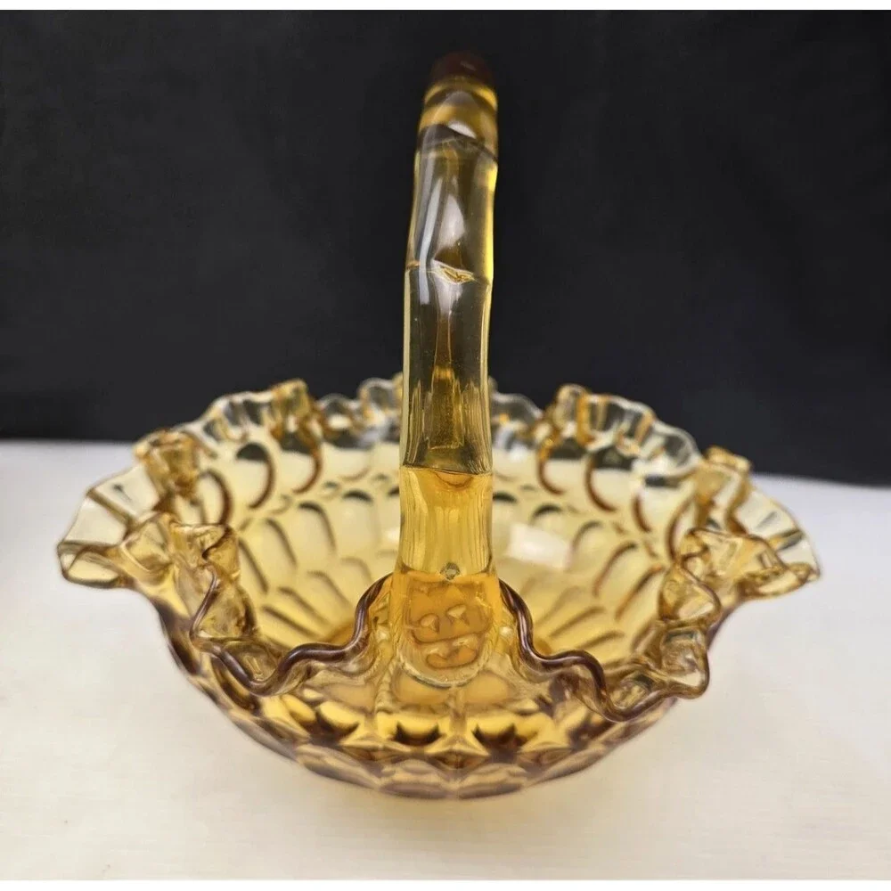 Vintage Fenton Colonial Amber Thumbprint Glass Basket  8